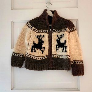 Child Cowichan Hand-Knit Sweater Jacket reindeer design 🦌 Vintage Canadian